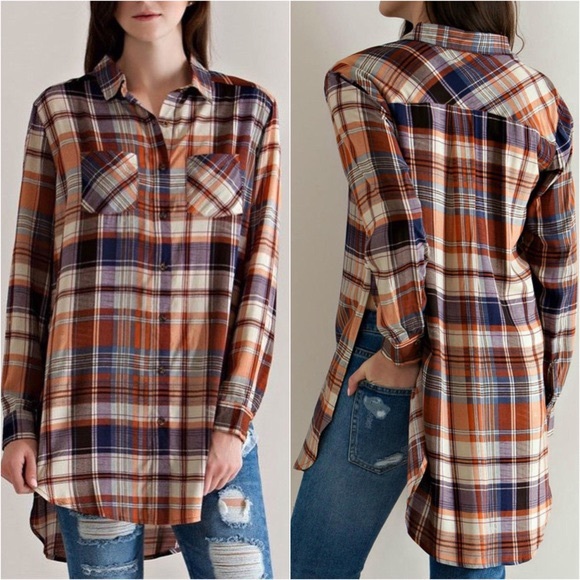 entro Tops - Entro Orange Plaid Split Side Tunic Shirt Top Sz S